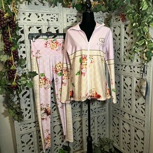 GUCCI STYLE PINK & TAN 2pc WITH MULTICOLOR FLOWERS ZIP UP & PULL UP TRACK SUIT